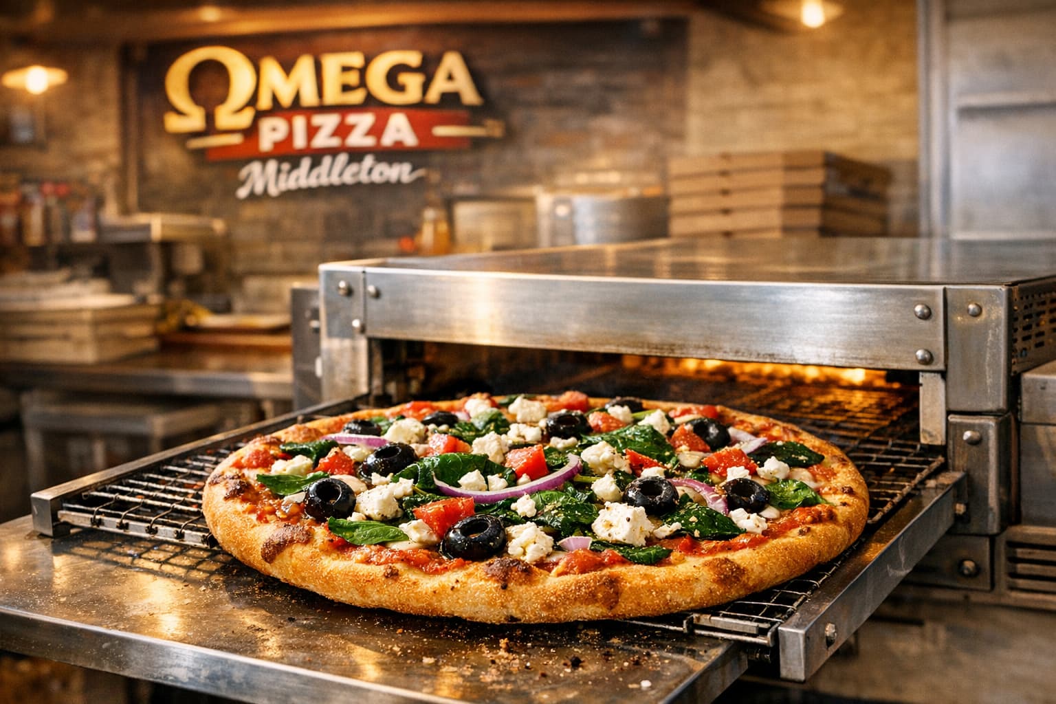 Greek pizza coming out of a conveyor oven with Omega Pizza Middleton in the background