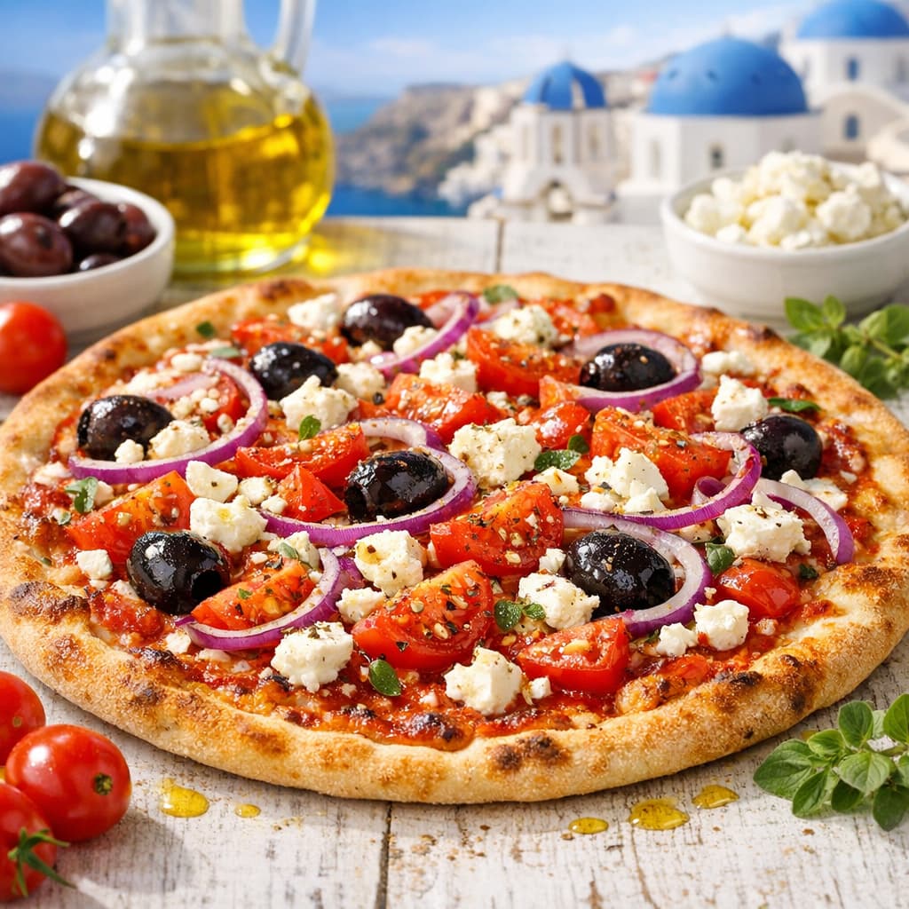 Greek style pizza with feta, olives, tomatoes, and red onions