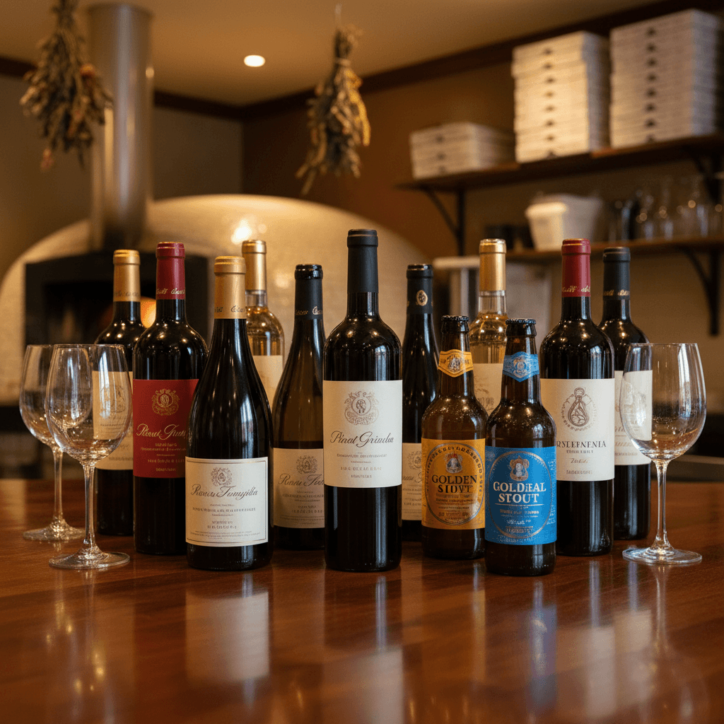 Variety of beer and wine bottles on a wooden bar with warm lighting