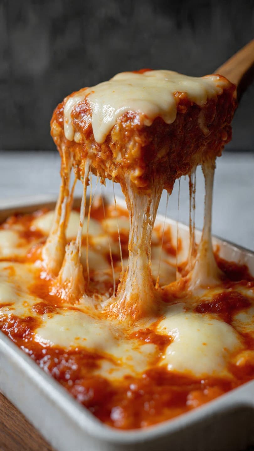 Cheesy lasagna lifted from a dish, creating long, gooey strings of melted mozzarella cheese.