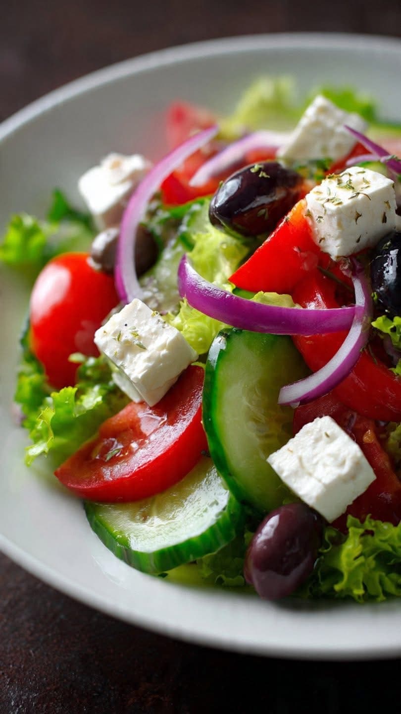 Vibrant Greek salad with feta cheese, kalamata olives, tomatoes, cucumbers, and red onion slices.