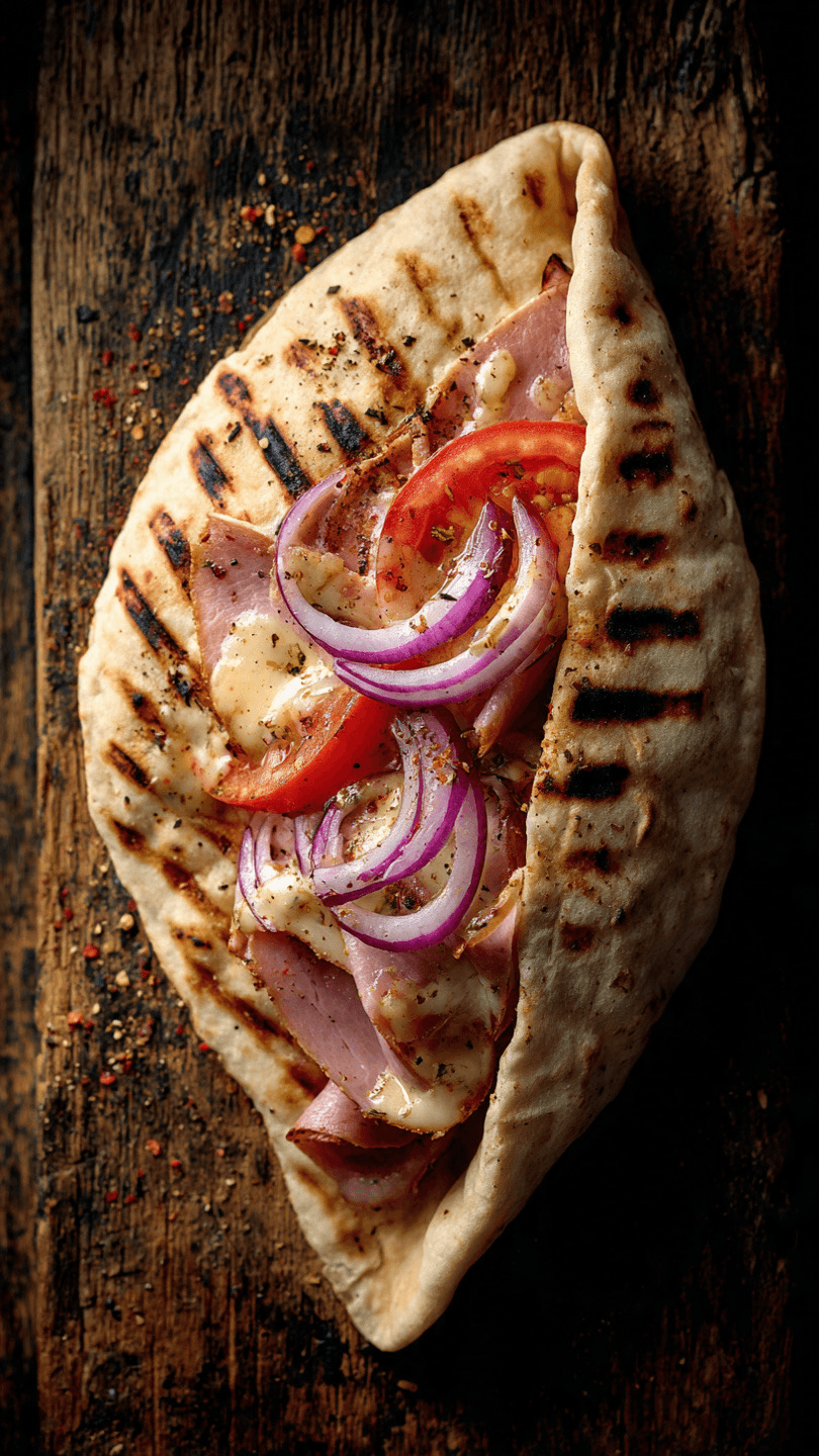 Grilled flatbread sandwich with ham, melted cheese, red onion, and tomato on rustic wood.