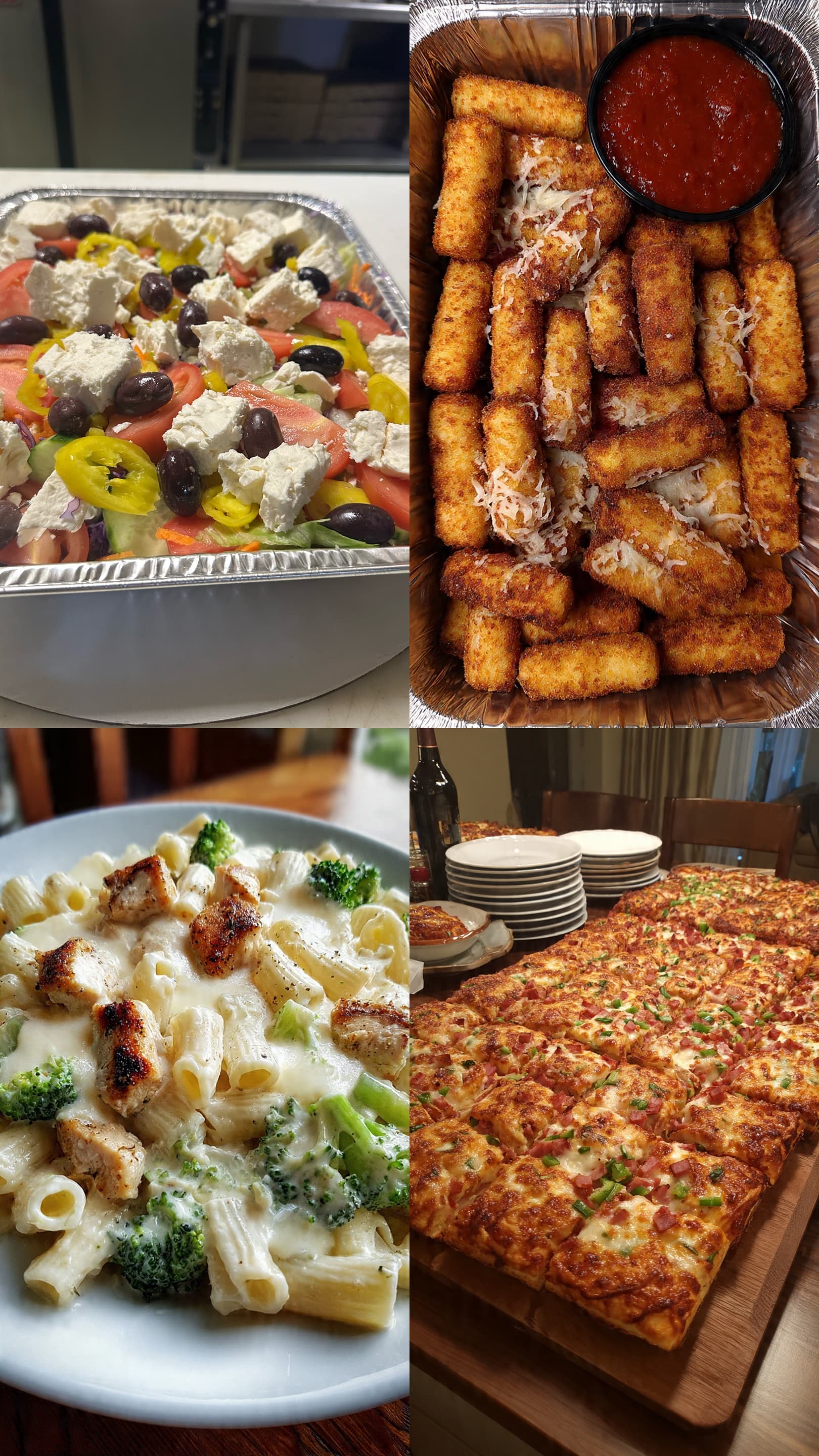 Greek salad, mozzarella sticks with marinara, chicken broccoli alfredo, and a large rectangular pizza.