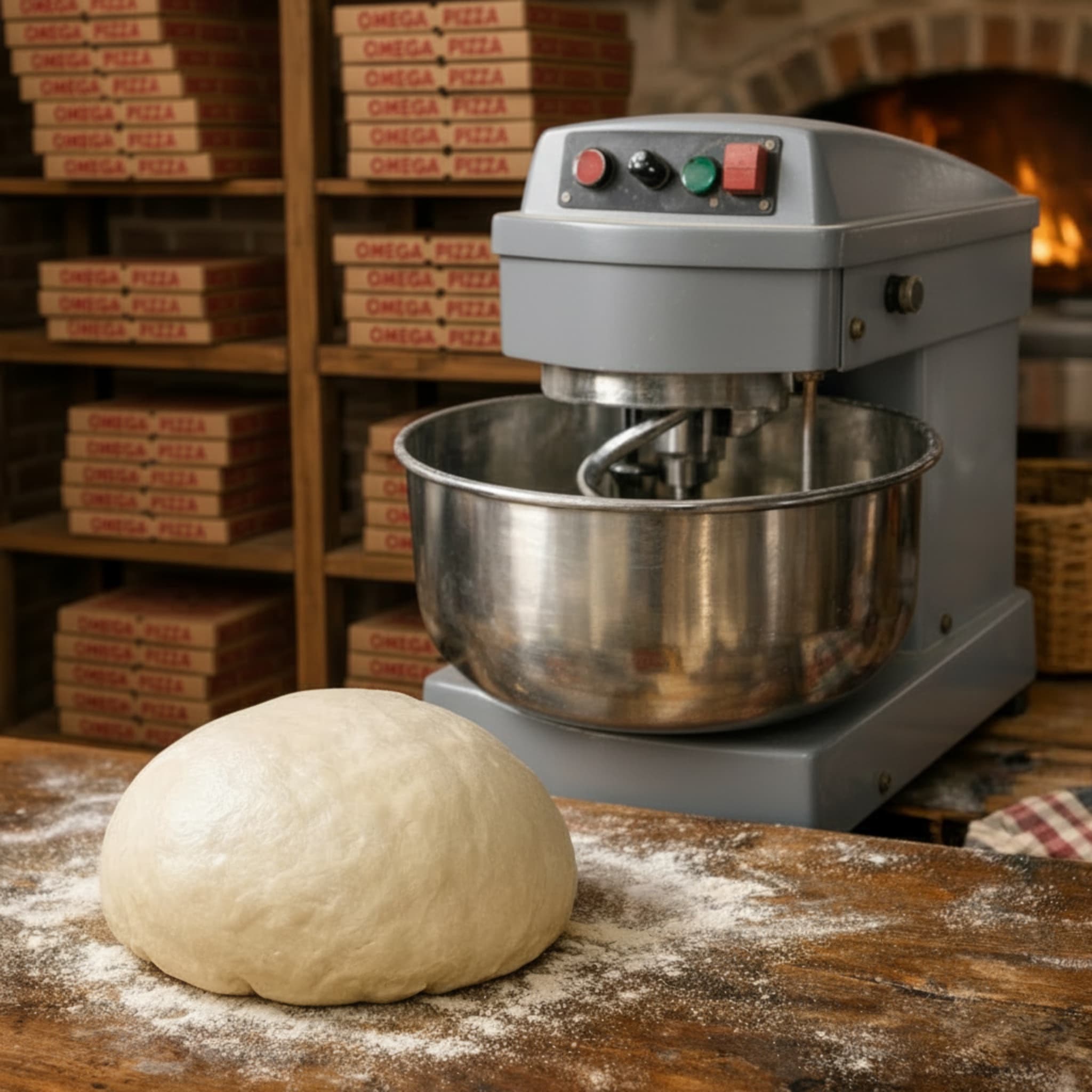 Fresh dough ball on a floured table with a commercial mixer and pizza boxes.